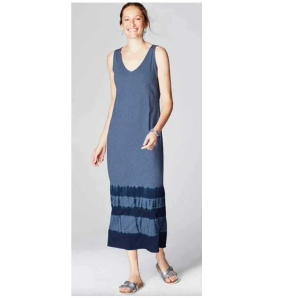 Pure Jill Blue Sleeveless V-neck 100% Cotton Boho Tie Dye Maxi Dress Size Medium